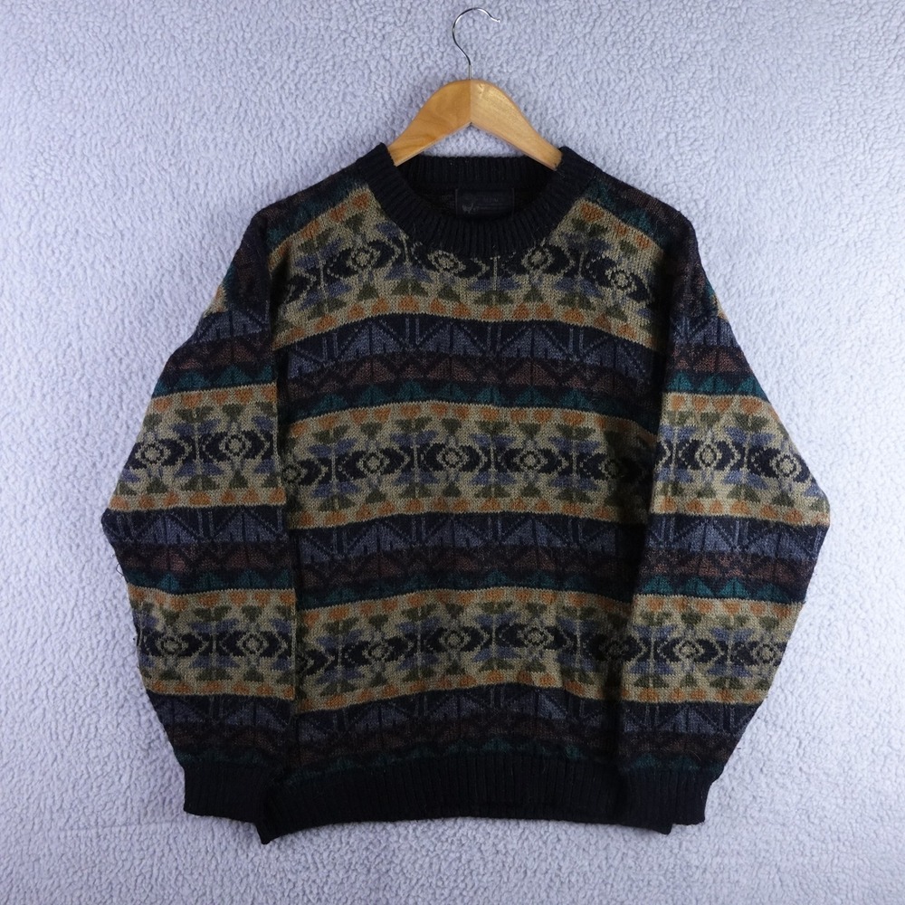 Arte Inka Alpaca Wool Geometric Fair Isle Crewneck Sweater Mens M Earth Tones
